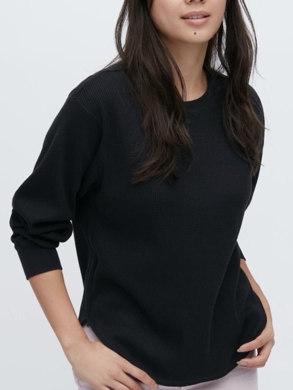Uniqlo Black Waffle-Knit Long Sleeve Tee Size L